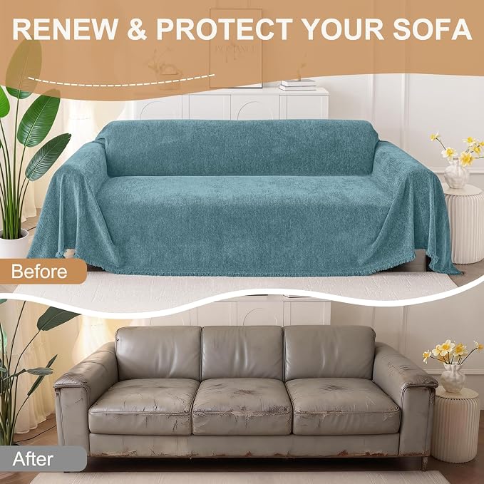 Smiry Couch Cover for Dogs, Chenille Sofa Covers for 3 Cushion Couch | Washable Soft Sofa Slipcover for Pets, Thick Sectional Furniture Protector with Tassels (Blue, 71x91 Inch) - Image 8