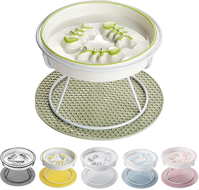 Ceramic Elevated Slow Feeder Cat Bowl, Anti Vomit, Removable Dish, Green | Removable Ceramic Bowl Elevated Anti Vomit Whisker-Friendly Wet & Dry Food Green Glazed Finish by Trundisan