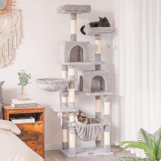 Heybly Cat Tree, 70 inches Tall Cat Tower for Indoor Large Cats HCT032W | Big Cat Condo with Toy , Cat House Furniture with Padded Plush Perch, Cozy Hammock and Sisal Scratching Posts, Light Gray - Image 4