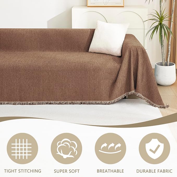 MYSKY HOME Boho Couch Cover Camel Sofa Covers with White Tassel Farmhouse Sofa Slipcover Simple Couch Protector for Dogs Chenille Sectional Couch Covers L Shaped Couch Cushion Covers, 91"x 134" - Image 3