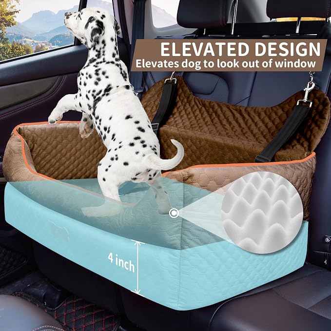 Dog Car Seat for Medium & Large Dogs Up to 55 lbs or 2 Small Dogs, Brown | Memory Foam Elevated Booster Seat with Safety Belts, 4-Inch Thick Cushion, Storage Pockets and Removable Washable Cover - Image 3