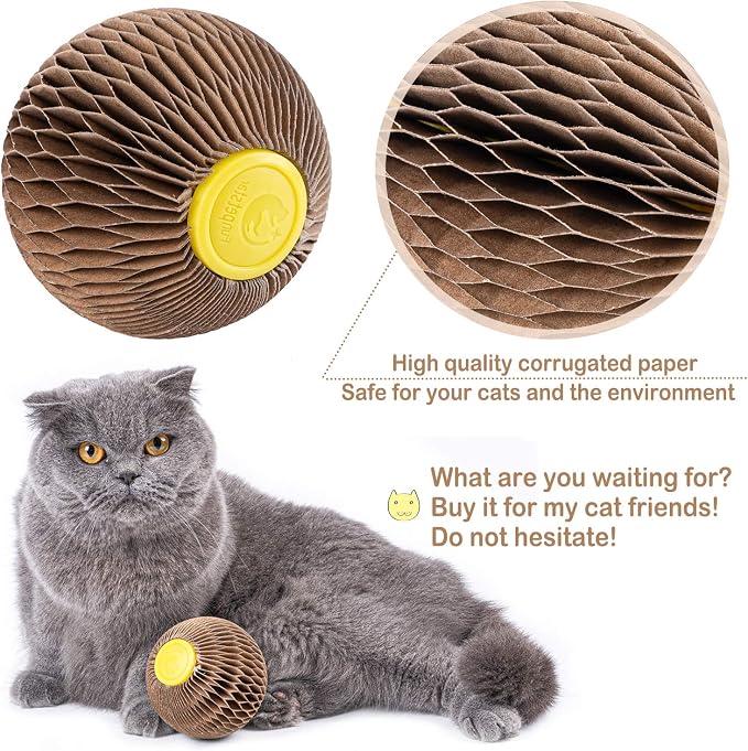 Cat Toys for Indoor Cats, Catnip Toys with Refillable Catnip, 3 Inch Scratcher Ball, Interactive Rolling Scratch Toy for Bored Indoor Adult Felines, Small Corrugated Paper Ball - Image 5
