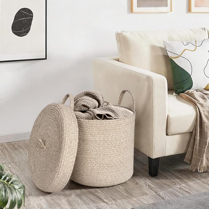 15”x13” Storage Basket with Lid, Blanket Storage for Living Room, Woven Cotton Rope Bin with Cover, Kids Dog Toy Box, Baby Laundry Basket with Lid, Covered Blankets Pillows Holder, Brown - Image 6