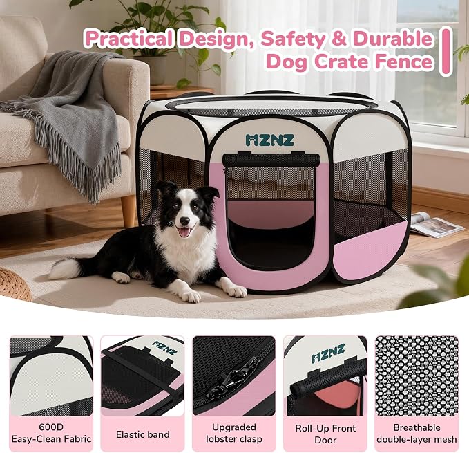 Dog Cat Small Animal Puppy Playpen Crate, Large, Pink | Portable Pop Up Pet Cage Enclosure Tent Kennel Indoor Outdoor with Carrying Case, No Assembly, Camping Use - Image 6