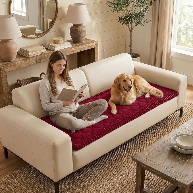 Smiry Non Slip Couch Cover for Dogs, Fuzzy Plush Pet Sofa Protector | Washable Furniture Cover for Large Dogs & Cats, Scratch & Dirt Resistant, For 2 Cushion Couch, Red, 27.6"x59" - Image 3