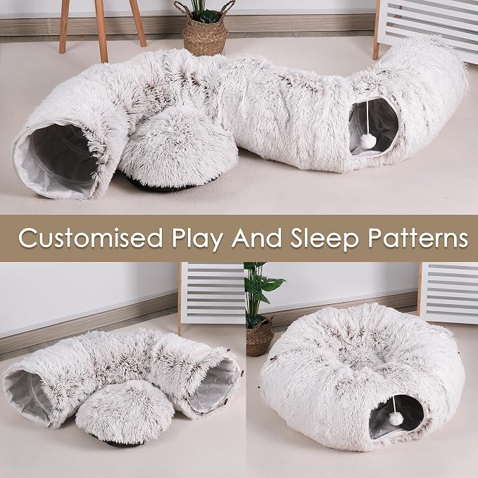 Peekaboo Cat Cave with Washable Mat, Collapsible Cat Play Tunnel for Kittens & Small Pets, Plush Cat Donut Bed Tunnel, Brown - Image 9