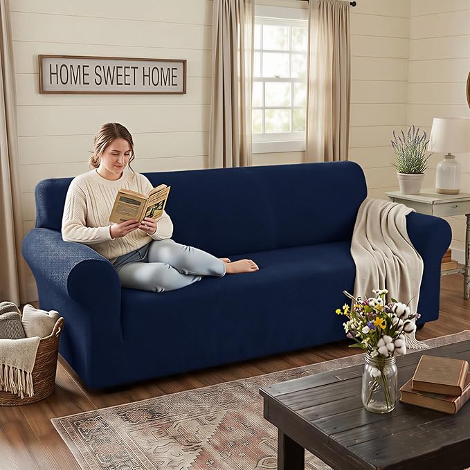 XINEAGE Stretch Jacquard Loveseat Cover, Non Slip Sofa Slipcover for Dog | High-Stretch Fabric. Wear-Resistant, Pet Friendly. Easy Install & Washable for Living Rooms, Offices.Navy Blue - Image 3