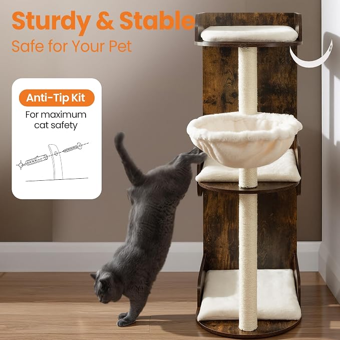 44.8in Modern Wood Cat Tree Tower for Indoor Large Cats with Perch | Multi-level Big Platforms, Sisal Scratching Posts, Cozy Hammock, Washable Pads, Ideal for Windows and Corners, Rustic Brown - Image 8