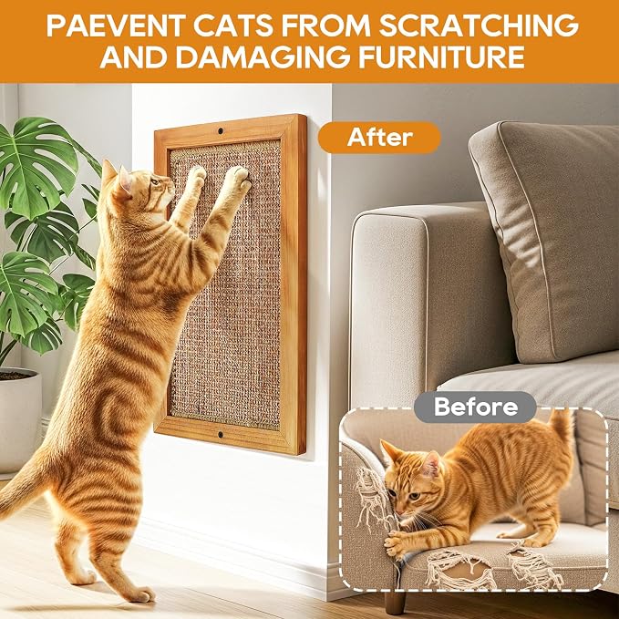 Large Cat Scratching Post for Indoor Cats - Wooden Sisal Cat Wall Scratcher, Vertical Floor or Wall Mounted Cat Scratch Pad, Furniture Protector for Adult Cats & Kittens - Image 6