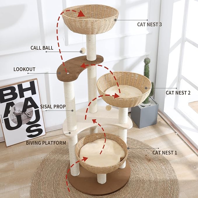 52" Modern Cat Tree Tower for Large Cats, 3Cat Nests Manual Hand Woven Multilevel Huge Paws Pals Cat Tree, Wood Cat Tower, Cat Scratching Tree, Cat Condo, Cat Lover Gift - Image 3