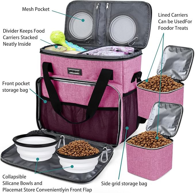 BAGLHER Dog Travel Bag, Pet Travel Bag (ALL Pet Travel Supplies), With 2 Pet Food Containers and 2 Collapsible Silicone Bowls; Essential Kits for Pet Travel Pink - Image 5