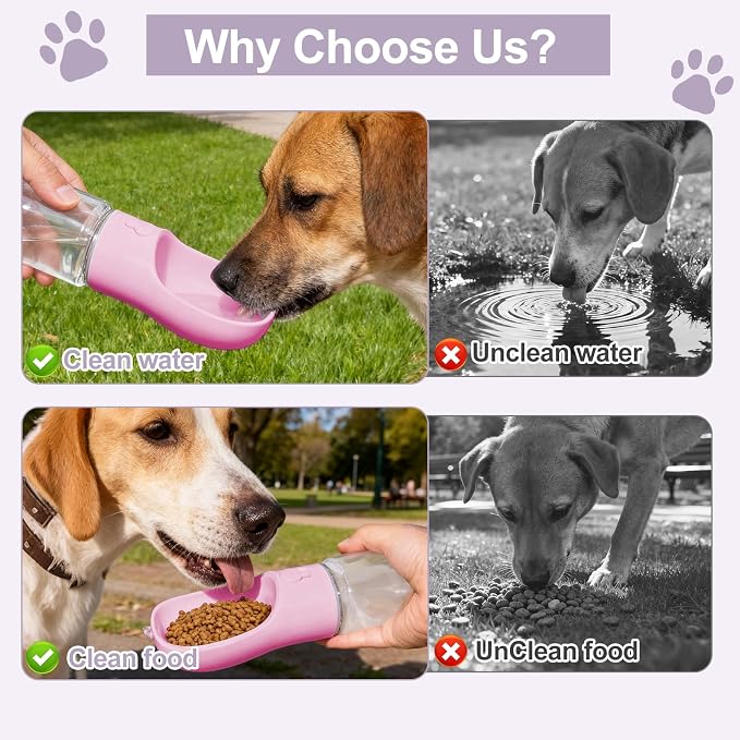 Portable Dog Water Bottle with Food Container, Drinking Bottle for Travel | 2 in 1 Dog Water Bowl, Leak Proof Pet Water Dispenser, BPA Free, Puppy Essentials, for Walking Hiking (Pink,19oz) - Image 5