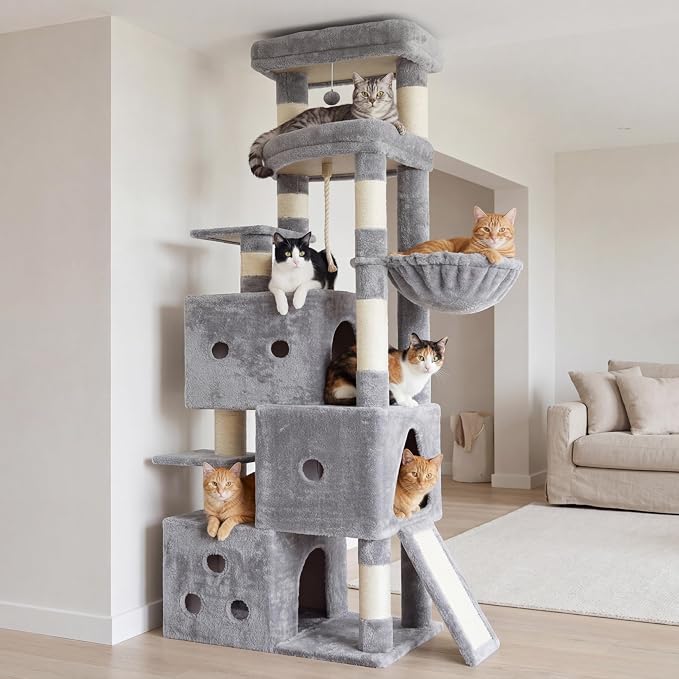 Heybly Cat Tree, 74-Inch Streamlined Cat Tower for Large Cats HCT061W | Cat Furniture with 3-Tier Stacked Condos, Large Perch, Sturdy Base, Full Sisal Scratching Posts & Ramp, Light Gray - Image 10