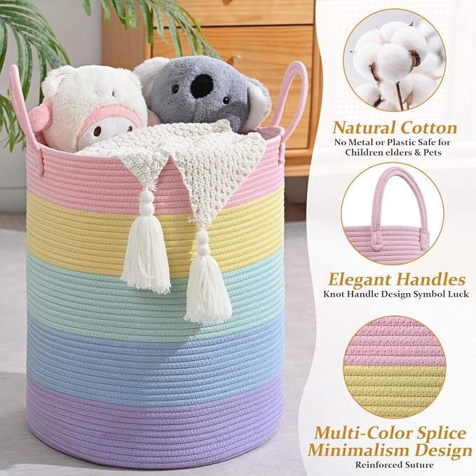 Laundry Hamper for Organizing, 52L Large Laundry Baskets, Cotton Rope Woven Blanket Basket, Collapsible Laundry Hamper for Living Room, Nursery, 15"×18", Light Rainbow - Image 2