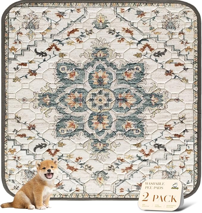 nunubaby 2PACK Washable Pee Pads for Dogs, Stylish, Non-Slip and Leak-Proof Pee Pads. Reusable Potty Pads for Dogs for Crates and Floors.(Beige/Floral, 72" x72" ) by Nunubaby