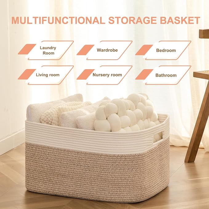 75L Large Cotton Rope Basket, Soft Toy Storage Bin for Nursery & Living Room, Decorative Blanket Basket for Bedroom, Baby-Safe Organizer for Pillows &Laundry, 22''×17''×12'', Brown and White - Image 8