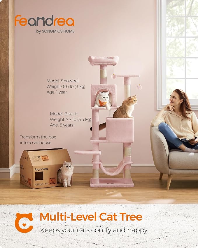 Feandrea Cat Tree, 59.5-Inch Tall Cat Tower, Multi-Level Condo, Jelly Pink | with 5 Scratching Posts, 2 Perches, 2 Caves, Hammock, 2 Pompoms, 2 Caves for Indoor Cats, Easy to Assemble, UPCT192P01 - Image 2