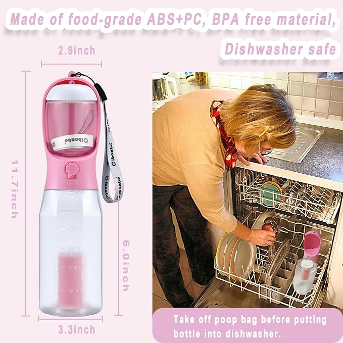 Cibaabo Dog Water Bottle with Food Container & Poop Bag Holder & Filter | Feeding & Hydration & Waste All in One | Travel Puppy Water Bowl | Portable Pet Dispenser | Girl Dog Accessories for Walking - Image 6
