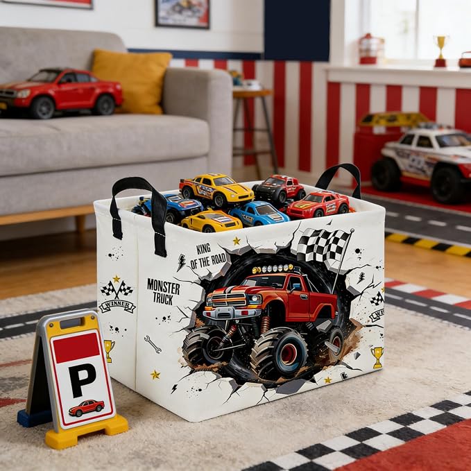 Rectangular Monster Truck Basket,Racing Car Storage Baskets,Cute Basket for kids with Handles,Kid Room Decor Gift,Car Room Decor,Book baskets(Monster Truck) - Image 2