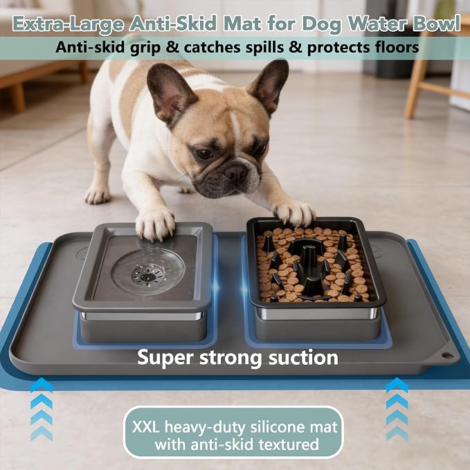 Dog Bowl Set, No Spill Dog Water and Food Bowl with Slow Feeder | Large Capacity 304 Stainless Steel Bowls, 3-In-1 Set, Slow Drinking, Anti-Slip Mat, Easy to Clean, Home/Travel, 6-7 Cups - Image 4