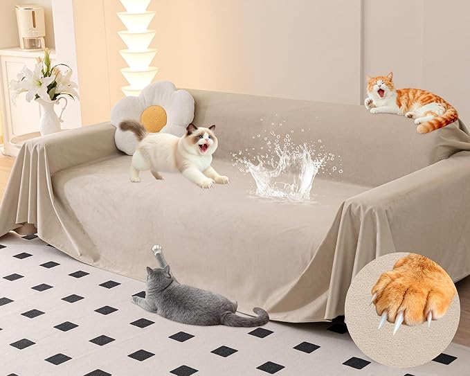 Loiion Cat Scratch Couch Cover Waterproof Sofa Cover 150"x71" Almond | Pet-Friendly Couch Protector, Anti-Scratch & Non Slip Sofa Cover For Cats Dogs Kids, Machine Washable by Loiion