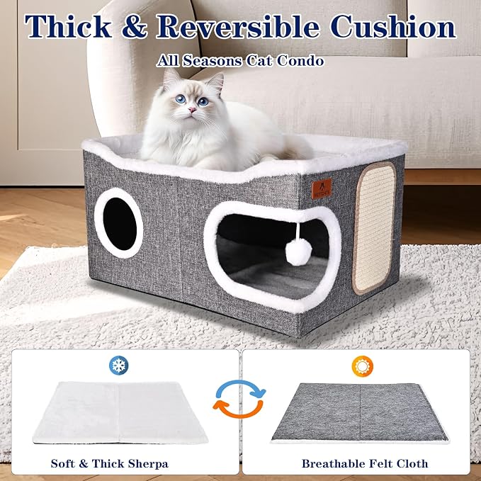 Extra Large Cat Beds for Indoor Cats, Covered Cat Cave Beds & Furniture with Scratch Pad and Fluffy Ball, Foldable Cat Condo Hideaway with Reversible Cushion for Multi Small Pet Large Kittens, Grey - Image 5