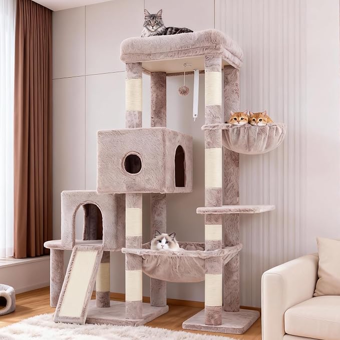 Hey-brother Cat Tree Tower with Plush Steped Condos, Big Platform, MPJ071MU | 50 Inches Tiered Climbing Cat House with Sisal Scratching Posts, Spacious Hammock, Cozy Basket for Indoor Cats, Muchroom - Image 9