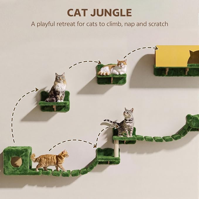16-in-1 Cat Wall Shelves, Cat Furniture w/Tunnel & Bridge, Green | Wall Mounted Cats Shelf Set with Plush Fabric, Cat Climbing Wall Systems for Adult Cats, with Scratching Posts, Condos - Image 6