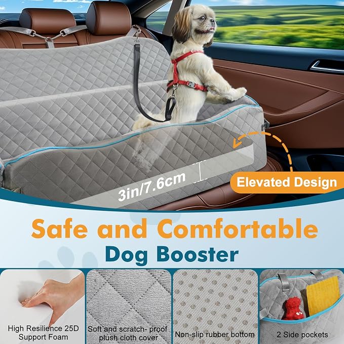 Large Dog Car Seat for Large Dogs Up to 120 lb, Thick Cushion, Grey | 3" High-Density Foam Dog Car Bed, 2-Sided Cool/Warm Cushion Cover , 2 Pockets, 3 Safety Belts, Detachable & Washable - Image 3