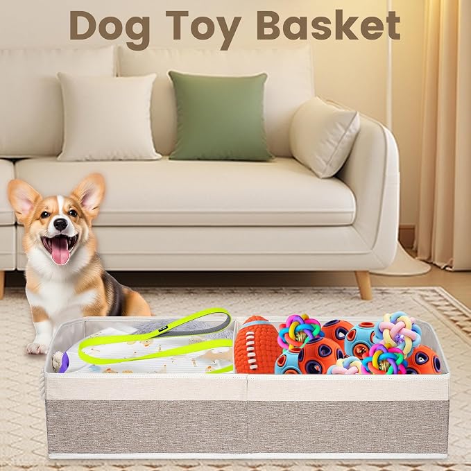 Large Dog Toy Basket with Handle, Foldable Dog Toy Box for Living Room Area , 28.5" Basket for Dog's Supplies, Organizer and Storage with Hard Board, Anti-Slip for Pet Toys (Brown, Large 28.5"×15") - Image 6