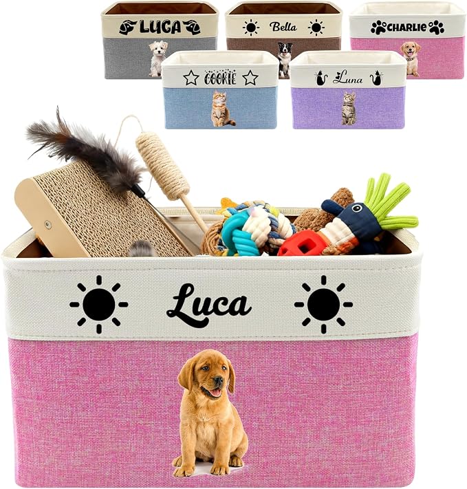 Customized Pet Toy Storage Basket - Personalized Dog & Cat Toy Organizer with Name, Foldable & Durable Fabric Bin for Pet Supplies, Organizer for Toys, Coats, Clothing, Blankets Pink by Unknown
