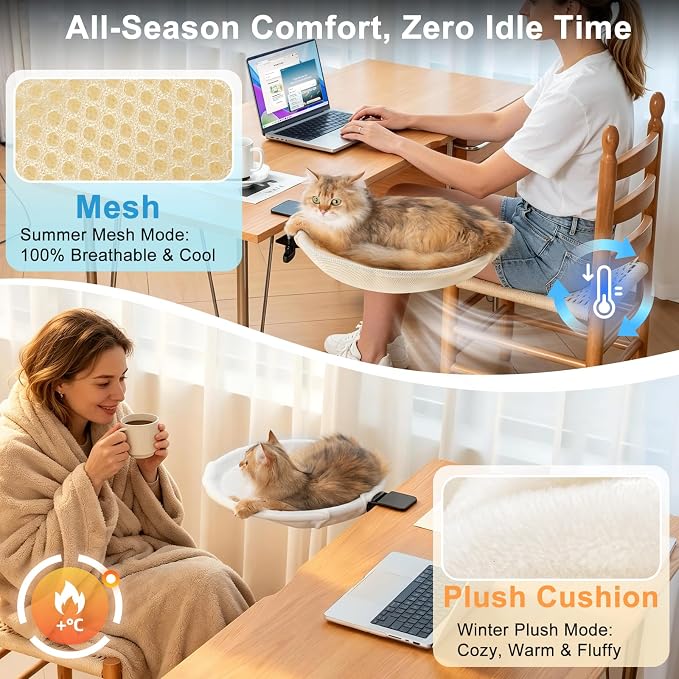 Uross Cat Desk Bed, Space Saving Desktop Folding Cat Hammock Work from Home Office Accessories for Indoor, 2 Interchangeable Covers (Cozy Plush & Breathable Mesh) for All Seasons-Beige - Image 3