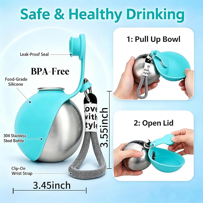 Dog Water Bottle Portable - 2 in 1 Stainless Steel Tumbler with Foldable Round Silicone Ball Bowl, 2-in-1 Leak-Proof Design for Dogs Pet Travel Walking Drinking（Blue） - Image 4