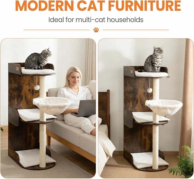 44.8in Modern Wood Cat Tree Tower for Indoor Large Cats with Perch | Multi-level Big Platforms, Sisal Scratching Posts, Cozy Hammock, Washable Pads, Ideal for Windows and Corners, Rustic Brown - Image 3