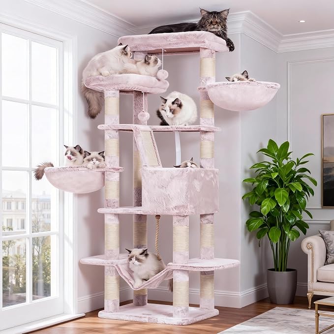 Heybly Cat Tree, 68 inch Multi-Level Cat Tower for Indoor Cats HCT025MU | Cat Condo with 2 Widened Plush Perches, 2 Cozy Baskets, Scratching Board and Big Caves, Rosy Brown by HEYBLY