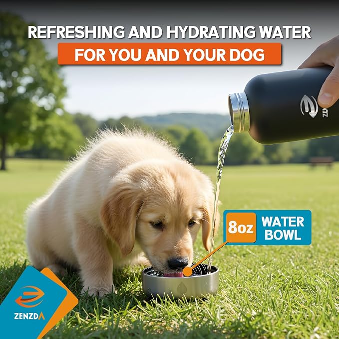 3-in-1 Dog Water Bottle – Insulated Stainless Steel Travel Bottle with Food Bowl, Leakproof, Carrying Bag & Brush - Image 3