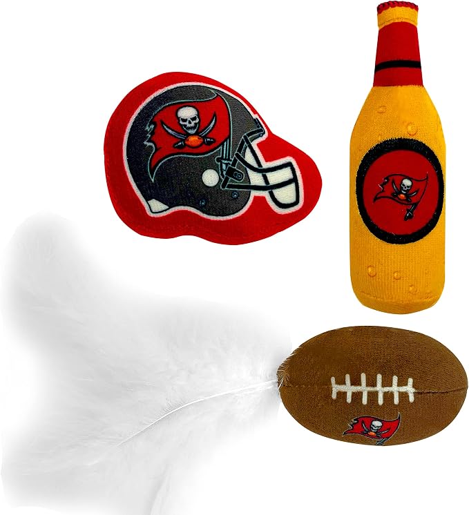 BEST PLUSH CAT TOY - NFL TAMPA BAY BUCCANEERS Complete Set of 3 piece Cat Toys filled with Fresh Catnip. Incld: 1 Helmet Cat Toy, 1 Football Cat Toy with Feathers & 1 Beer Bottle. Beautiful Team LOGOS - Image 2