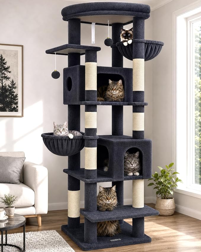 Globlazer 74in Heavy Duty Cat Tree Tower for Indoor Large Cats Adult, S74 | Sturdy Cat Tower with 7 Scratching Posts, 2 Widened Padded Condos for Big Cats, Dual-Ear Baskets, Enlarged Perch, Dark Grey by Globlazer