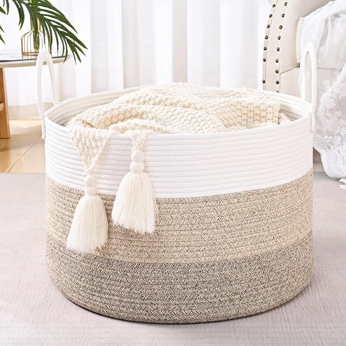 67L Large Woven Blanket Basket, Cotton Rope Baby Laundry Hamper with Handles, Kids Toy Basket for Classroom & Nursery, Soft Round Stuffed Animal Storage, Dog Toy Bin - 20"x13", Jute - Image 2