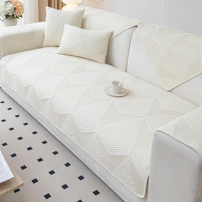vctops Cotton Quilted Couch Covers for Sectional Sofa (Cream,43"x63") | Geometric Washable Non Slip Sofa Slipcover for Dogs, Children, Pets Furniture Protector Cover - Image 5