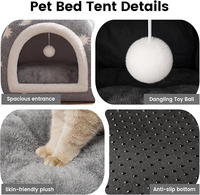 Glow in the Dark Cat Cave Bed, 2-in-1 Foldable Indoor Cat Tent Cat House | 17.3"x17.3"x18"Luminous Starry Cave with Removable Washable Cushion,Hanging Toy Ball,Non-Slip Bottom Mat for Cats Small Dogs - Image 7