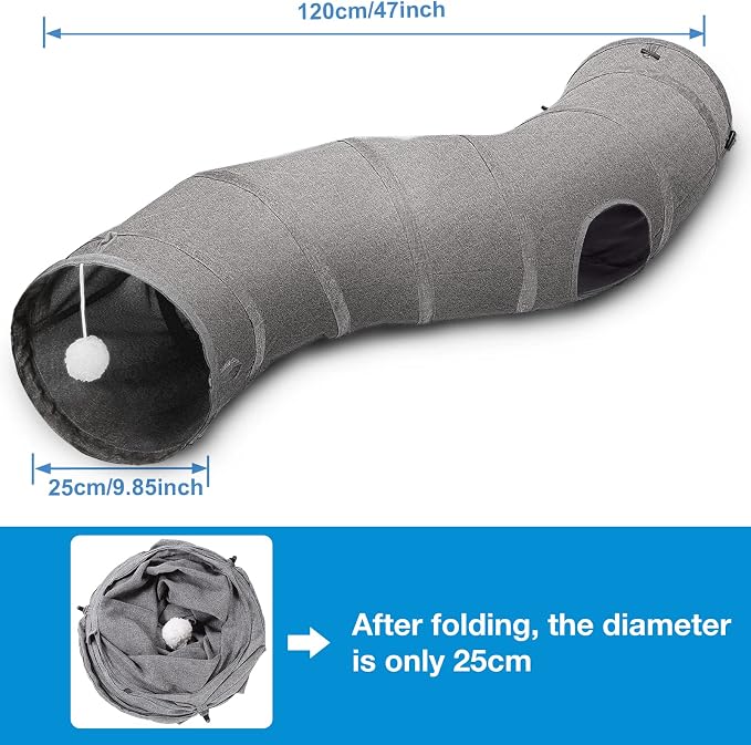 Ownpets S-Shape Cat Tunnel Toy 48"L x 10"D, for Cats, Puppies & Small Pets | Collapsible for storage, tear-resistant oxford fabric, connects to other tunnel, with peek hole, feather wand, indoor/outdoor - Image 4