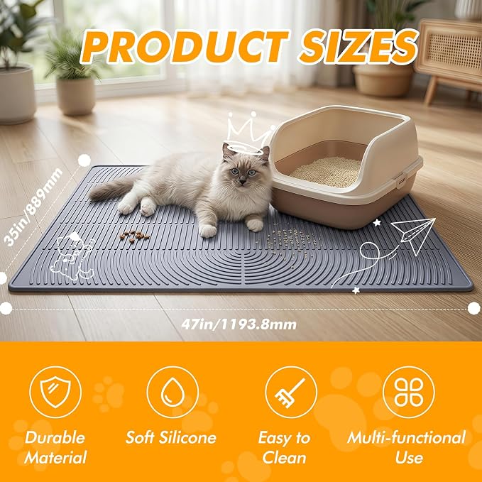 Extra Large Cat Litter Mat 47" x 35" Silicone Litter Trapping Mat for Scatter Control, Catcher for Kitty Litter, Non-Slip Waterproof Floor Protector, Easy to Clean, Gray - Image 2