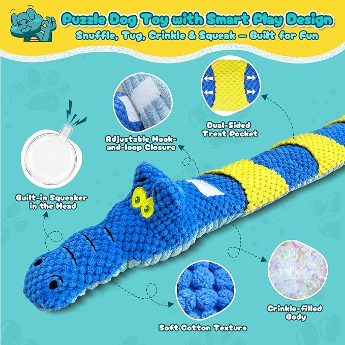 TOOPTATE Crocodile Squeaky Dog Toy | Dual-Opening Treat Pocket for Puzzle Play, Long Plush Body For Tugging, Suitable for Small, Medium, and Large Dogs - Image 3
