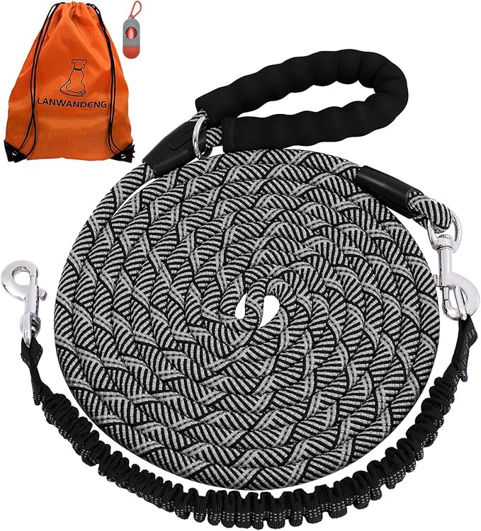 Long Dog Leash with Reflective Threads 15FT 20FT 30FT 50FT,Heavy Duty Bungee Dog Leashes for Small Medium Large Breed Dogs,Shock Absorbing Training Leash for Walking,Hunting,Camping&Yard by Lanwandeng
