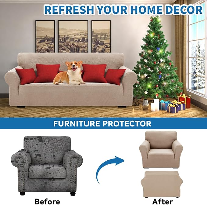 XINEAGE Stretch Jacquard Armchair Cover, Non Slip Sofa Slipcover for Dog | High-Stretch Fabric. Wear-Resistant, Pet Friendly. Easy Install & Washable for Living Rooms, Offices.Khaki - Image 4