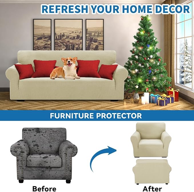 XINEAGE Stretch Jacquard Armchair Cover, Non Slip Sofa Slipcover for Dog | High-Stretch Fabric. Wear-Resistant, Pet Friendly. Easy Install & Washable for Living Rooms, Offices.Light Beige - Image 4
