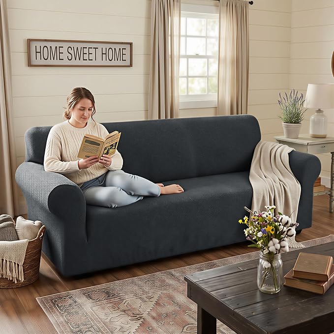 XINEAGE Stretch Jacquard Sofa Cover, Non Slip Sofa Slipcover for Dog | High-Stretch Fabric. Wear-Resistant, Pet Friendly. Easy Install & Washable for Living Rooms, Offices.Dark Gray - Image 3