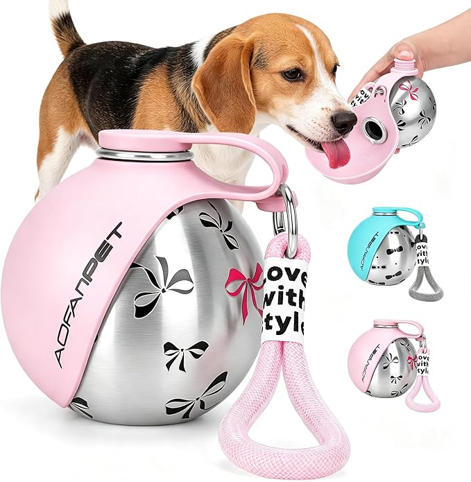 Portable Dog Water Bottle 10oz Stainless Steel Travel Dog Water Dispenser with Bowl No-Spill Puppy Water Bottle for Walking Hiking Small Dog Water Bottle (Pink Bow Print) by AOFANPET