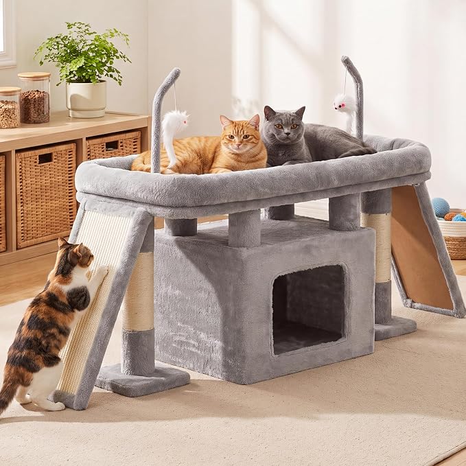 Heybly Cat Tree Extra-Long & Stable 2 Adjustable Scratch Boards HCT210SW | Easy-Climb Cat Tower with Dual-Leg Floor Condo, Sturdy Cat Furniture with Extra Wide Platform & Interactive Toys, Light Gray - Image 7